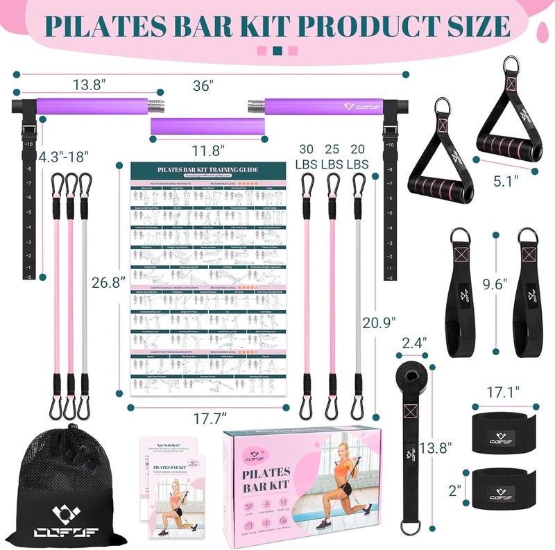 COFOF Pilates Bar Kit with Resistance Bands, Multifunctional Yoga Pilates Bar with Heavy-Duty Metal Adjustment Buckle, Portable Home Gym Pilates Resistance Bar Kit for Women Full Body Workouts - Image 5